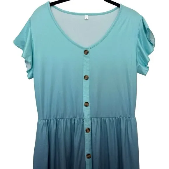 WNEEDU Casual Dress Mock Button Down Knee Length Size Large Pockets Aqua - Picture 3 of 5